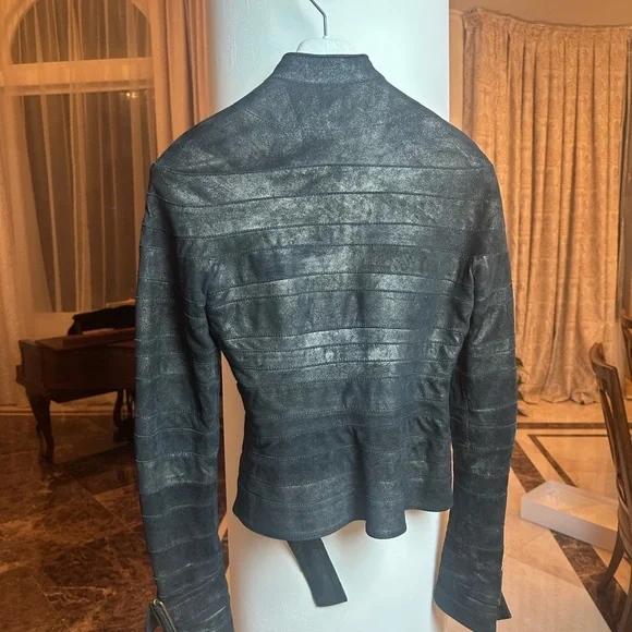 Luxury Distressed Leather Jacket Asymmetrical Buckle Buttons Designer Style - Picture 3 of 14